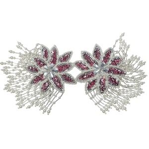 2X Vintage Floral Applique Embellishment Rhinestone Pearl‎ Flower Sew On Patch